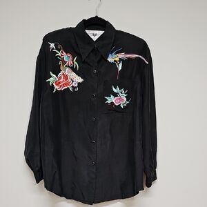 Baldanza Vtg 90s Black Embroidered Peacock & Floral Silk Button Up Shirt Size 12
